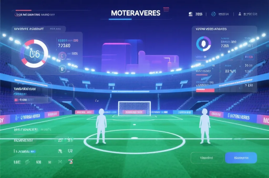 An abstract UI mockup of a virtual metaverse stadium, showing a 3D soccer pitch with clean statistics overlays and anonymous virtual avatars